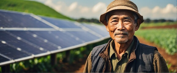 A elderly asian farmer man on farm fields with solar panels on the side for green renewable energy banner copyspace from Generative AI - obrazy, fototapety, plakaty