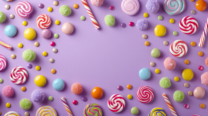 multi colored candies with candies and sweets rainbow with light purple background