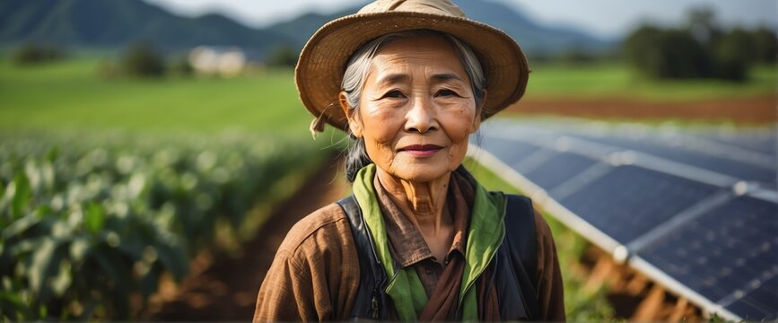 A elderly asian farmer woman on farm fields with solar panels on the side for green renewable energy banner copyspace from Generative AI