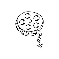 Film reel for a movie camera. Cinema, film. Doodle. Vector illustration. Hand drawn. Outline.