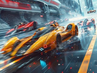 Vibrant futuristic racing cars speed through a dynamic track with motion blur, emphasizing high...