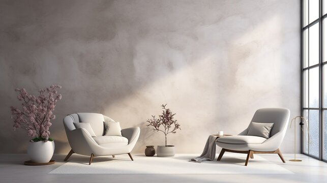 The modern interior of the room with a background wall and a beautiful decor in gray