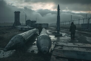 a workers dismantling decommissioned missiles in a disposal facility under a gloomy sky during the afternoon
 - obrazy, fototapety, plakaty