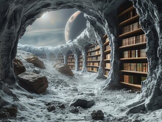 Moon Library in a crater holographic texts