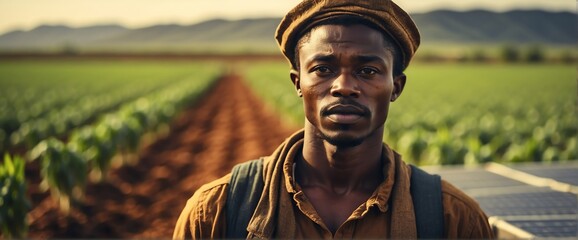 A young black african farmer man on farm fields with solar panels on the side for green renewable energy banner copyspace from Generative AI