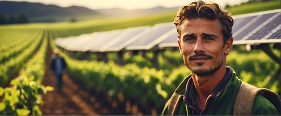 A young farmer man on vineyard with solar panels on the side for green renewable energy banner copyspace from Generative AI - obrazy, fototapety, plakaty