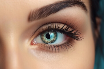 Close up of a human eye with long eyelashes with striking blue iris and detailed eyelashes.