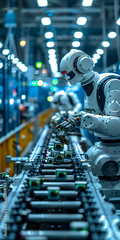 Poster industrial robot arm assembling electronic components on production line. futuristic automation tech
