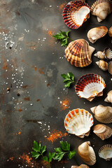 Top view of shellfish and calm for food background with copy space for text. Generative AI.