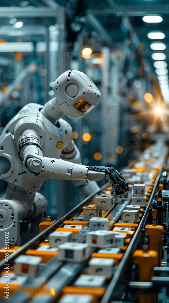 Poster industrial robot arm assembling electronic components on production line. futuristic automation tech
