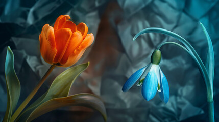 yellow tulip flower on black background combined with light blue snowdrop
