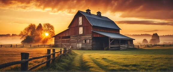 A beautiful sunrise on country side farm with wooden fence from Generative AI - obrazy, fototapety, plakaty