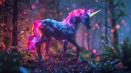 A vibrant, geometric unicorn stands amidst a magical, luminescent forest with glistening flora.