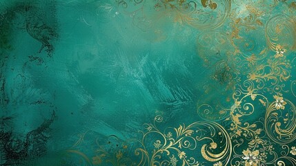 Fine art photography textured background in teal with gold floral accent