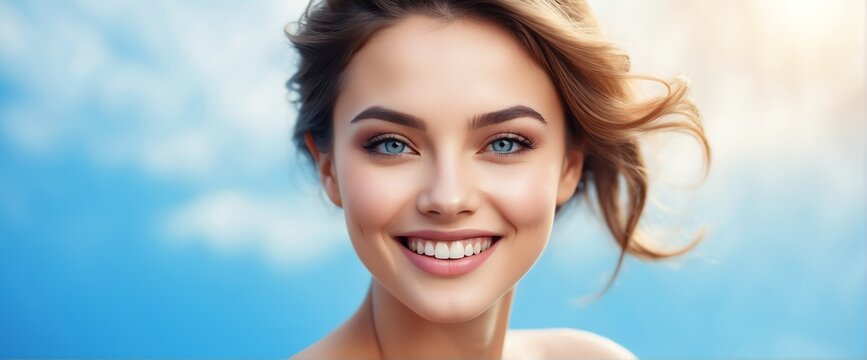 Bright Sky Blue background Portrait of smiling beautiful woman smooth clean face glowing skin youth skin care ad concept from Generative AI
