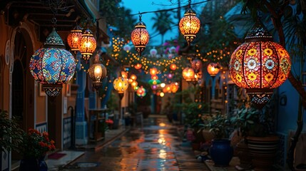 Fototapeta premium Colorful lanterns adorning Middle Eastern street for Ramadan