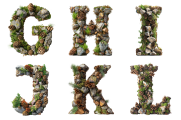 Forest Floor Alphabet: Letters G, H, I, J, K, L  Composed of Pine Cones, Moss, and Pebbles