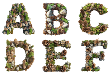 Forest Floor Alphabet: Letters A, B, C, D, E, F  Composed of Pine Cones, Moss, and Pebbles