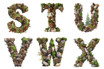 Forest Floor Alphabet: Letters S, T, U, V, W, X  Composed of Pine Cones, Moss, and Pebbles