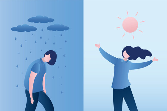 Two types of people - an optimist and pessimist. Businesswoman is loser in the rain and leader is winner for whom sun shines. Different emotional states