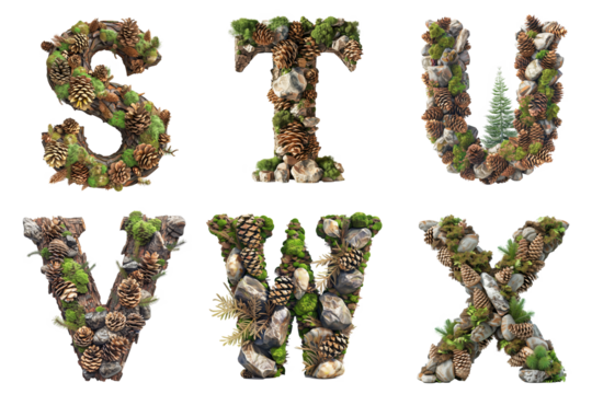 Forest Floor Alphabet: Letters S, T, U, V, W, X  Composed of Pine Cones, Moss, and Pebbles