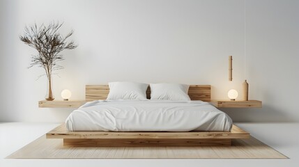 Fototapeta na wymiar Minimalist Floating Bed in Zen Bedroom: Serene Sanctuary with Bamboo Pillows and LED Lamp
