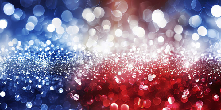 Abstract red white and blue glitter background with bokeh lights, red blue glitter sparkle on dark background, blue red circle bokeh, defocused, banner
