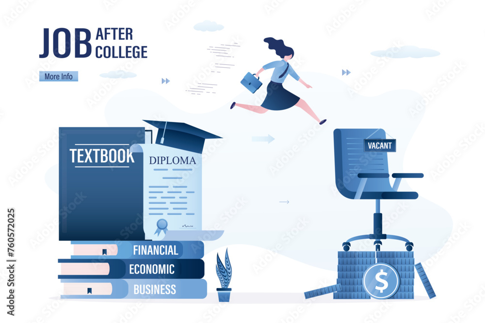 Wall mural Successful young woman jumps from textbooks to office chair. MBA, education and diploma. Knowledge and graduation for career start. Career ladder, employment after college