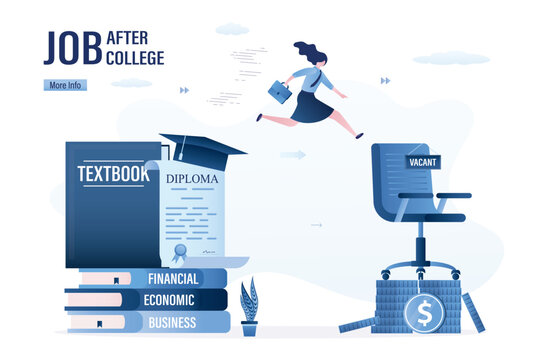 Successful young woman jumps from textbooks to office chair. MBA, education and diploma. Knowledge and graduation for career start. Career ladder, employment after college