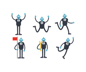 robot worker characters in various poses set vector illustration
