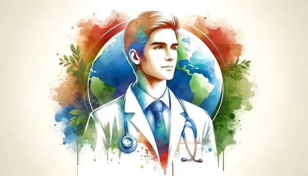 Watercolor illustration for world health day with a doctor and earth globe.