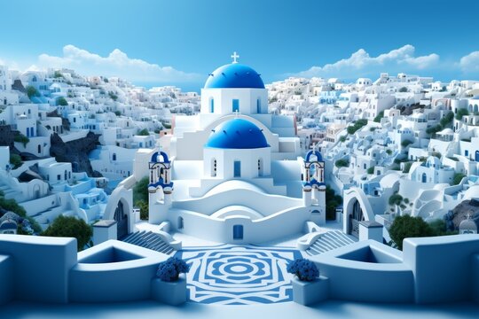 Greek inspired poster  white church by ocean with boat, dark azure and light aquamarine style