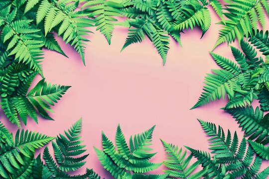 Tropical summer background, fern leaves set in the frame around blank space for a text, flat lay, view from above, stylized photo. generative ai.