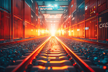 A train track with a bright light shining on it. The light is coming from the right side of the track - obrazy, fototapety, plakaty