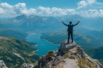 Obraz premium A businessman stands on a rocky mountain peak with arms raised in victory, overlooking a stunning landscape with a serpentine lake nestled among lush green valleys and rugged mountain ranges