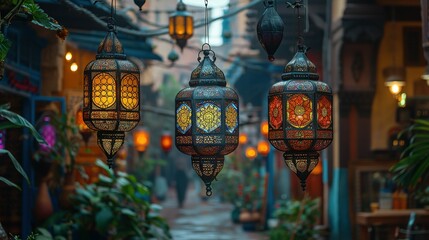 Colorful lanterns adorning Middle Eastern street for Ramadan