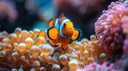 Naklejka na ściany i meble Clown fish (Amphiprion ocellaris) living in its habitat in a Sea anemone