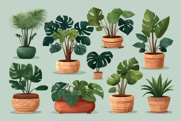 Home plants in decorative pots, isolated on white background. Vector flat cartoon illustration of green potted houseplants. House room decoration design elements.
