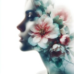 Double exposure of a woman's head with flowers landscape in the background.