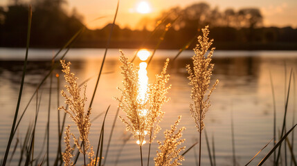 Sunset on the lake,reeds in front,bokeh effect,golden hour lighting, serene landscape. - obrazy, fototapety, plakaty