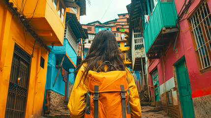 Fototapeta premium A woman wearing a yellow jacket and carrying a backpack walks down a colorful street. The scene is lively and vibrant, with the colorful buildings