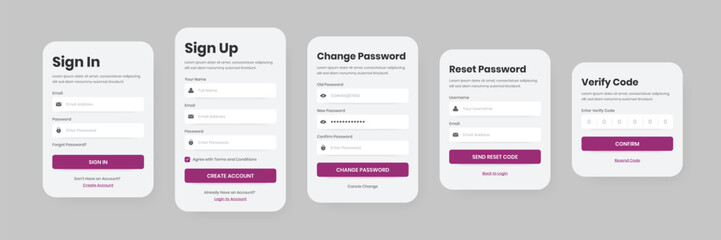 User form login, registration, change password, reset and verify code interface elements design