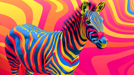 Fototapeta na wymiar A zebra with a rainbow stripe pattern on its body. The zebra is standing in front of a colorful background