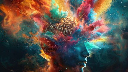 3D clean depiction of a mind in creative overdrive colors bursting from the head in vivid splendor - obrazy, fototapety, plakaty