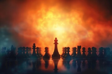 Chess king standing tall among pawns on an abstract background - obrazy, fototapety, plakaty