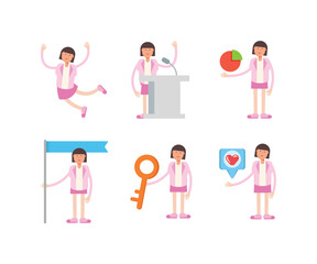 woman office worker character in various poses vector illustration