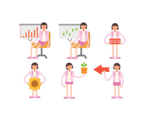 woman office worker character in various poses vector illustration