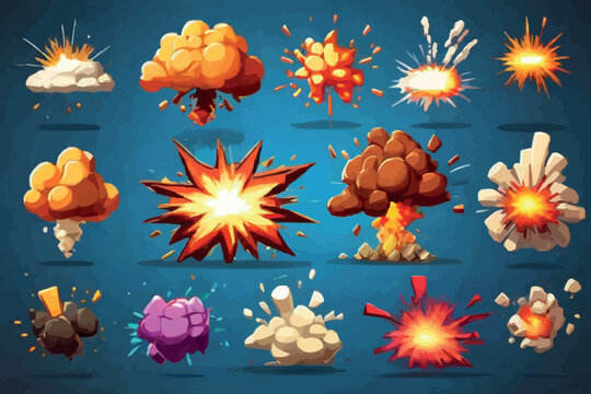 Bomb explosion cartoon animation comics strip series with colorful fire bang debris cloud black background vector illustration