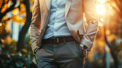 A man in a tan jacket and gray pants is standing in a park. He is wearing a watch and has his hands in his pockets. The scene is peaceful and serene, with the sun shining brightly in the background - obrazy, fototapety, plakaty