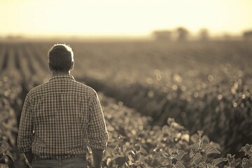 Emotional Rear View of Man in Soybeans Field under Natural Light

